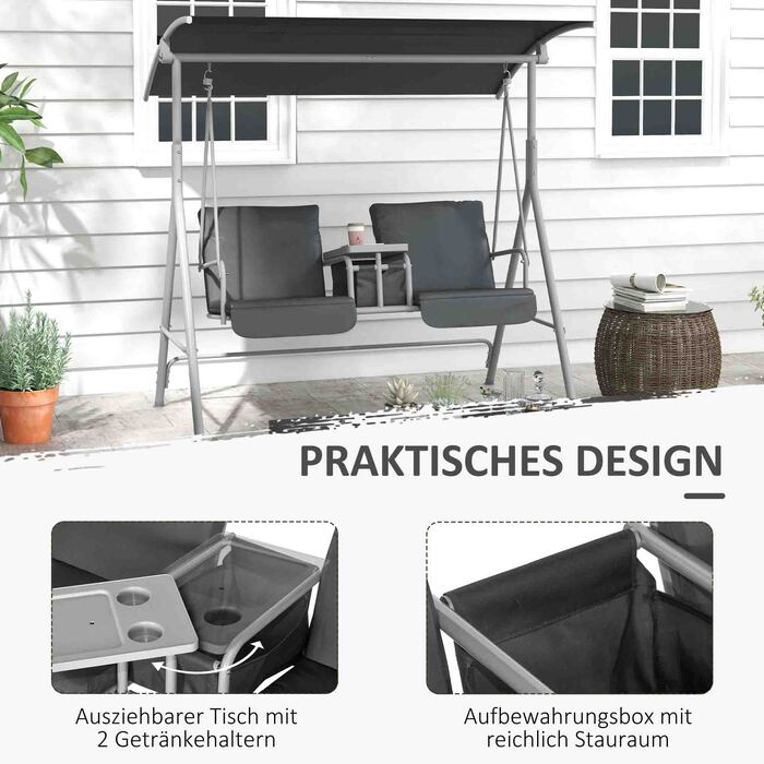 Outsunny Hollywood 2-Seater Swing Bench with Canopy, Bag, Garden Swing with Tray, Holds up to 180 kg, for Garden, Balcony, Black | Aosom