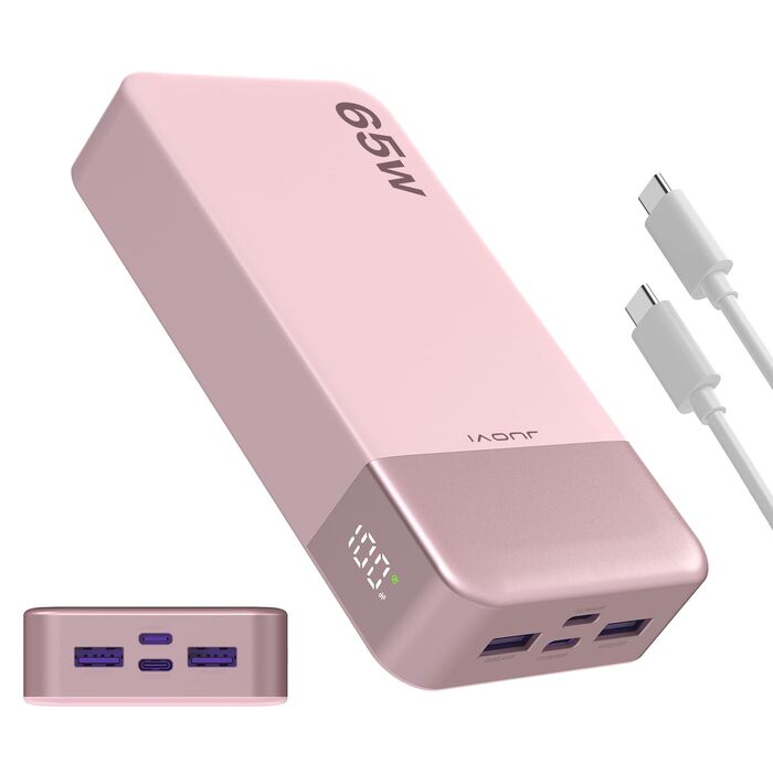 Power Bank JUOVI 20000 mAh 65W рожевий: портативний зарядний пристрій для ноутбука, MacBook, Dell XPS, iPad, Steam Deck, iPhone, Samsung, Switch
