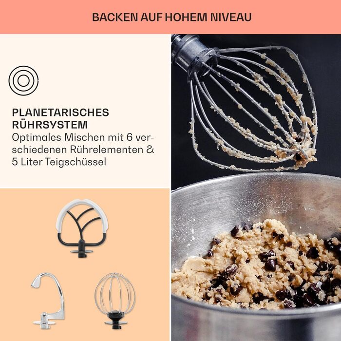 Klarstein Stand Mixer, dough mixer with 5L bowl, 1800W professional stand mixer with dough hook and whisk, universal kitchen machine with 6 speeds, dough machine for stirring, kneading and whipping