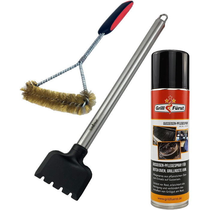 Grillfürst Premium Grill Brush for Cast Iron Grates with Brass Bristles, Cast Iron Care Spray, Special Scraper