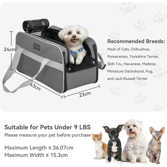 PETSFIT Автокрісло для собак у середній консолі, автокрісло для собак, схвалено авіацією, з ременем безпеки та кишенями, авто/авіа сумка для маленьких собак/кішок до 4.5 кг (Темно-сірий)