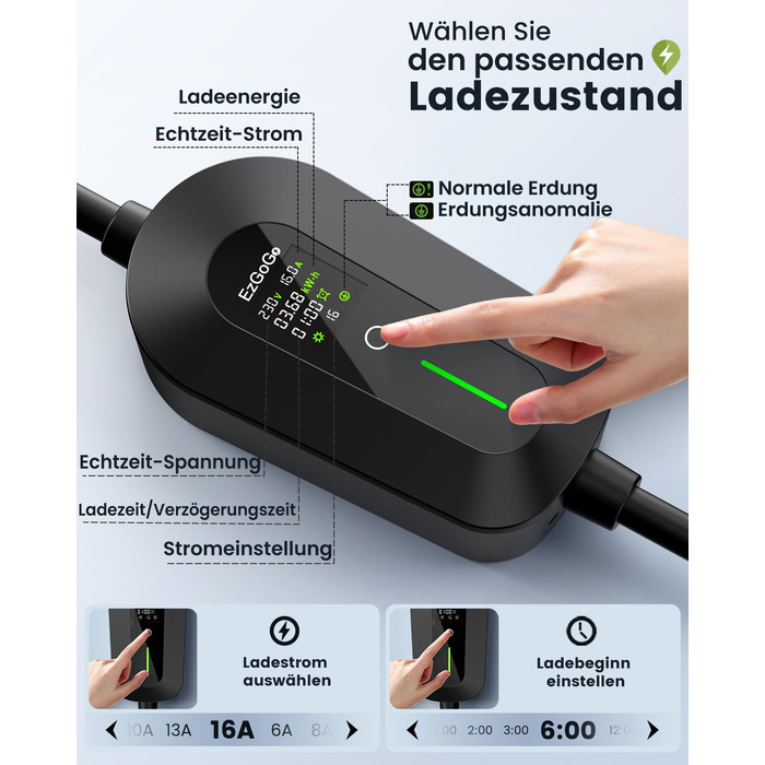 Кабель для зарядки електромобіля EzGoGo Type 2 Schuko 3.68 кВт, 10 м, 1 фаза, 6-16A, з LCD-дисплеєм та захистом IP65