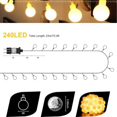 Ланцюжок прикрас з 200 LED кулями, 23 метри, тепле світло. Ідеально для декору на Різдво, весілля, вечірки. 8 режимів, функція пам'яті, з вилкою.