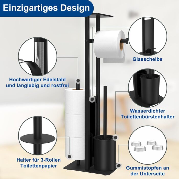 Stainless Steel Toilet Paper Holder with Brush and Wipes Box - Standing Toilet Paper Dispenser with WC Brush and Cover - Black Finish