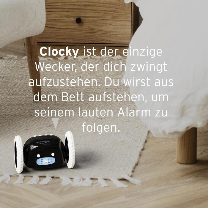 Clocky Loud Alarm Clock - Digital Alarm Clock, Loud for Deep Sleepers, Adults, Teens, Funny, Hard of Hearing, Heavy Sleepers, on Wheels, Runs Away, Driving, Jumping, Rolling Away, Funny Gift (Schwartz)