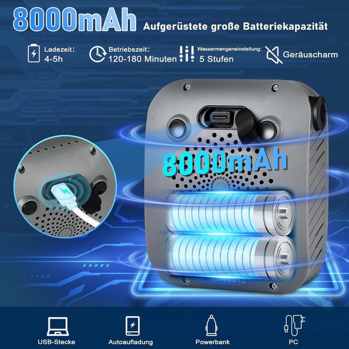 Портативна душ для кемпінгу з насосом та індикатором температури, 8000mAh, сірий. Комплект для відпочинку на природі, автомийки, пляжу, подорожей та догляду за тваринами.