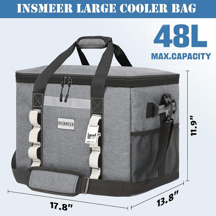 INSMEER 48L Термосумка-холодильник 48л, XXL, для пікніка, кемпінгу, пляжу, туризму. Водостійка, теплоізольована сумка-шопер. Темно-сірий колір.