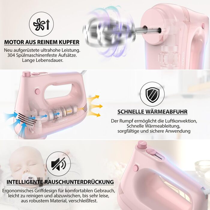 Електричний ручний міксер з нержавіючої сталі, вінчики та гаки для тіста, 5 швидкостей, Turbo Boost, для випічки, тортів, яєць та збивання (РОЖЕВИЙ)