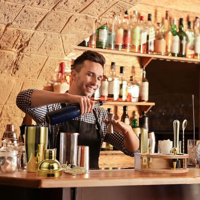 Набір шейкер для коктейлів Esmula 750 мл, 12 предметів, нержавіюча сталь, барменський аксесуар, подарунок для чоловіків та жінок, з книгою рецептів (Золотий)