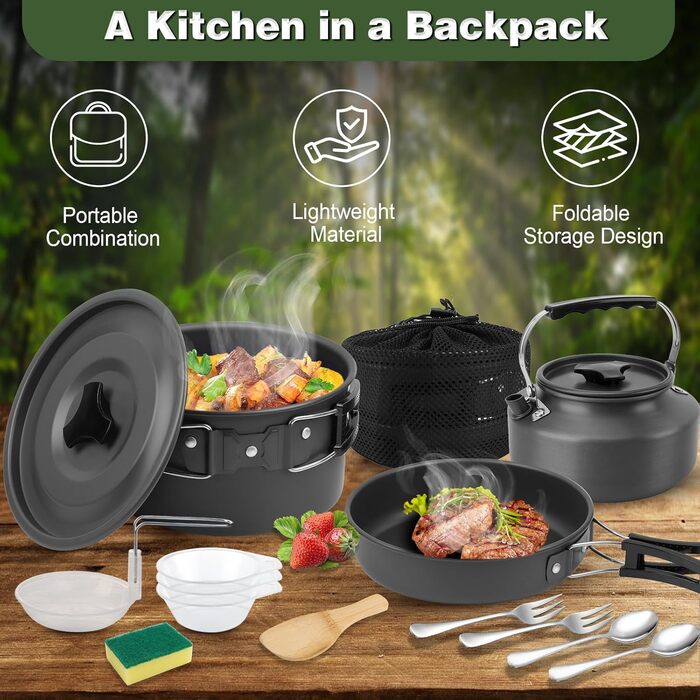 Набір кухонного посуду для кемпінгу: 15 предметів, чорний. Ідеально для пікніків, походів та кемпінгу. Включає казанок, сковорідку, чайник та інше.