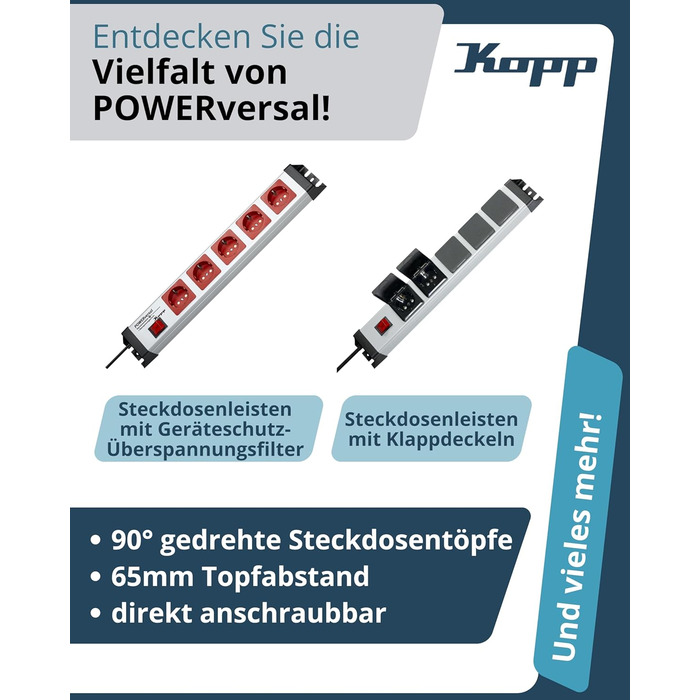 Steckdosenleiste Kopp POWERversal 10-fach, срібно-чорна, IP20, 1.4м, 90° кут, захист від дотику