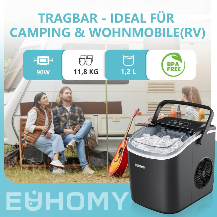 Машина для приготування льоду EUHOMY, 12 кг/24 год, чорна, з самоочищенням, 1.2 л
