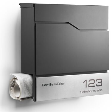 Поштовий ящик настінний модерн Tokio Anthrazit RAL7016 з газетницею, гравіюванням імені та номера будинку з нержавіючої сталі. Стійкий до іржі та УФ-випромінювання