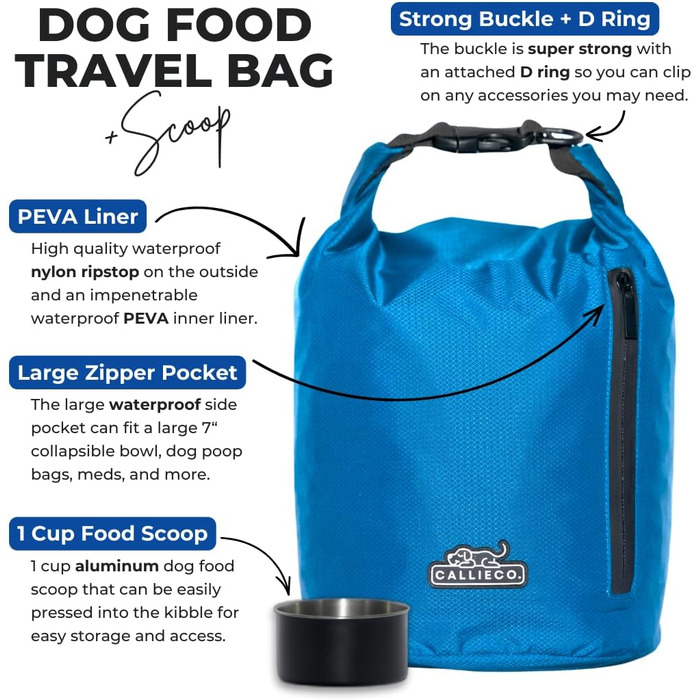 Сумка для корму для собак Callieco з міркою та кишенькою, водонепроникний контейнер для дому, подорожей, кемпінгу, 64 порції (Блакитний)