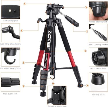 Штатив ZOMEi 188 см, професійний, для DSLR, телефонів, проекторів, телескопів (чорний/червоний)