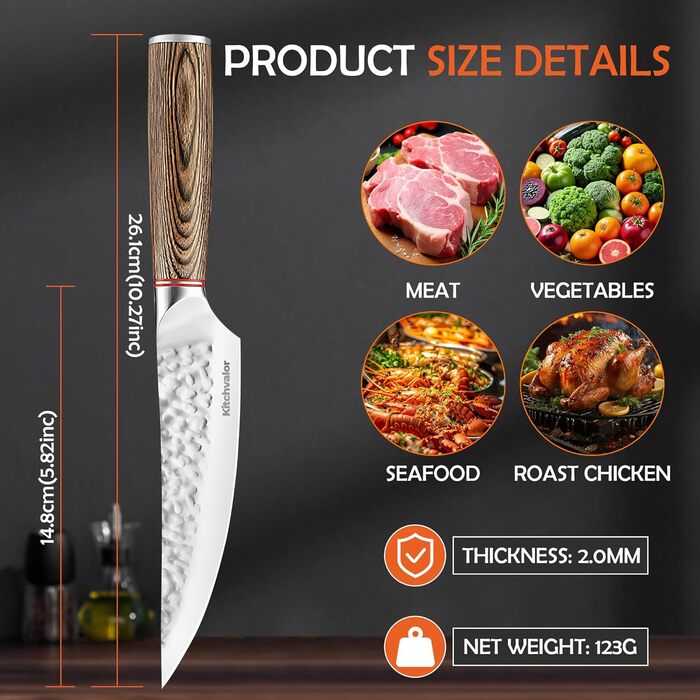 Ніж кухарський Kitchvalor 6 дюймів з високим вмістом вуглецю, з нержавіючої сталі, з ергономічною ручкою, подарункова коробка