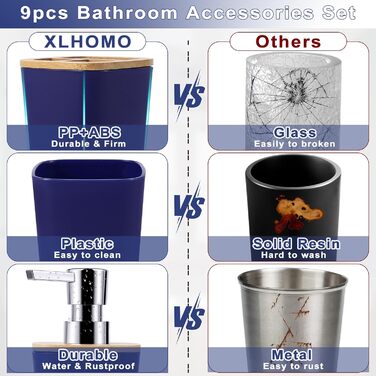 Набір аксесуарів для ванної кімнати, 9 предметів, морської синій колір. Включає: смітник, тримач для зубних щіток, стакан для зубних щіток, диспенсер для мила/лосьйону, тумбочка, мильниця, щітка для унітазу, тримач для ватних паличок.