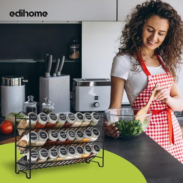 edihome Органайзер для спецій на 24 банки, 3-рівневий металевий стелаж з етикетками, індивідуальними кришками та дозаторами