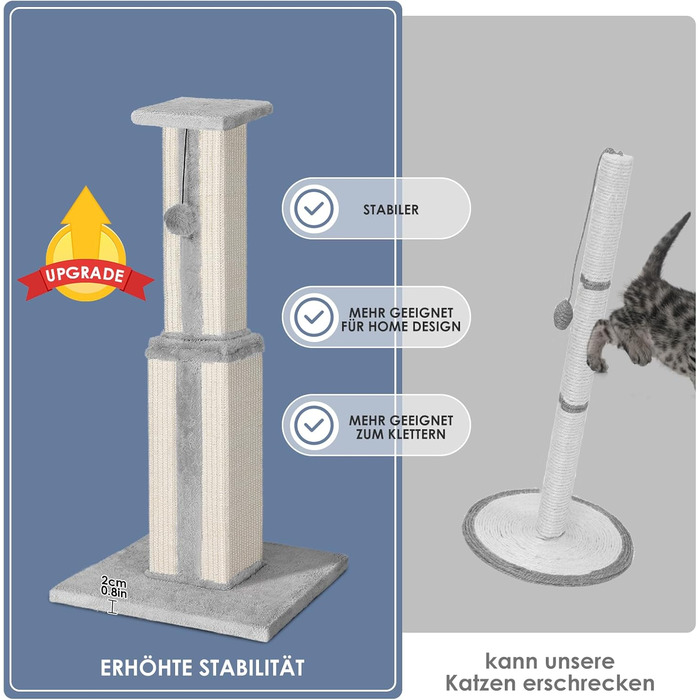 Zonema Kratzbaum-Kratzstamm Scratching Post with 80 cm Scratching Column for Small and Large Cats, Sisal Rope Cat Scratching Post with 1 Interactive Ball, Scratching Post Cat Furniture, for Indoor Activity, Play (79cm Scratching Post, Grey)