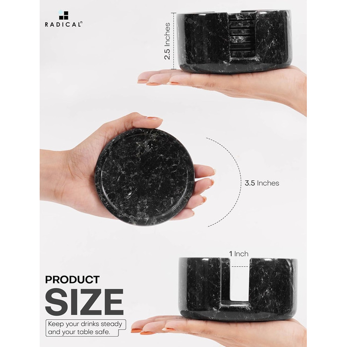 Radical coasters for drinks, marble, 8.9 cm, handmade, for cups and glasses, coaster set for kitchen, car, office, white, set of 6 (black)