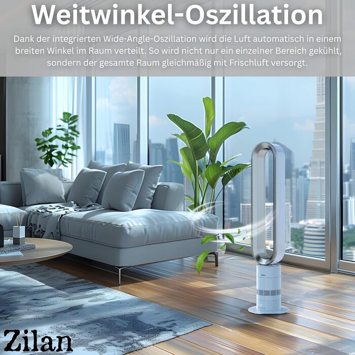 Вентилятор Zilan Turmventilator з пультом дистанційного керування BLDC – енергоефективний, 10 швидкостей/режимів, 900 м³/год, з коливанням, таймером та сенсорним дисплеєм