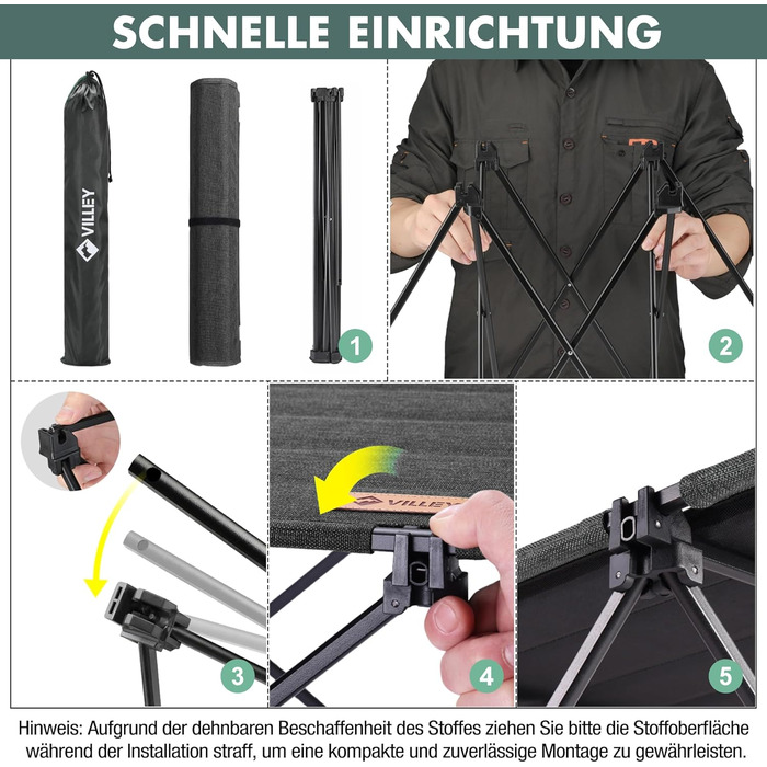 Стіл для кемпінгу VILLEY складний, з алюмінію та Оксфордської тканини, 25 кг, з сумкою, для відпочинку на природі, кухні та риболовлі, чорний