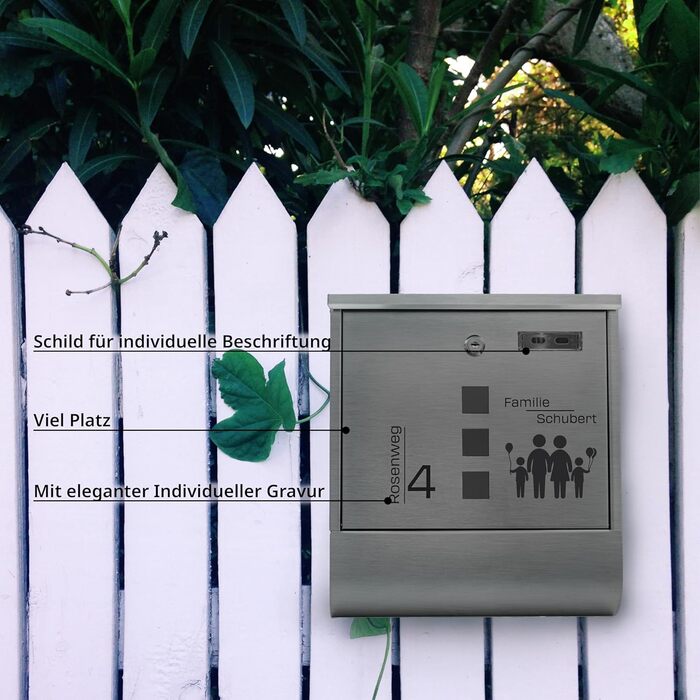 Поштовий ящик Grafner з нержавіючої сталі, персоналізований з газетницею та 2 ключами. Гравіювання імені, вулиці та номера будинку. Комплект для монтажу (Сім'я 4)