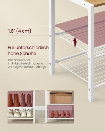 VASAGLE Coat Rack with Shoe Bench, Coat Stand, 5 Shelf Levels made of Particleboard, 9 Triple Hooks, 6 Side Hooks, 40 x 120 x 190 cm, Stone Grey-Ink Black HSR426B04 (Golden Oak + Cloud White)