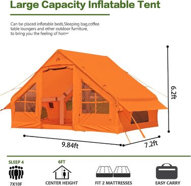 Надувний кемпінговий намет Glamping для 4 осіб, помаранчевий - 2025, з москітною сіткою та захистом від дощу