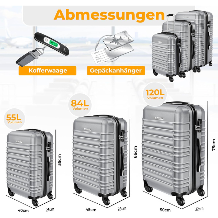 Набір валіз KESSER® 3шт з ABS-пластику: велика, середня, маленька з телескопічною ручкою, ваговою системою та замком