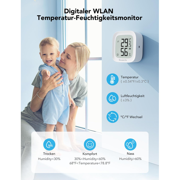 GoveeLife Wi-Fi Hygrometer Thermometer, Digital Indoor Temperature and Humidity Meter with App Notifications, Alarm & Data Storage, Remote Control Suitable for Bedrooms, Wine Cellars