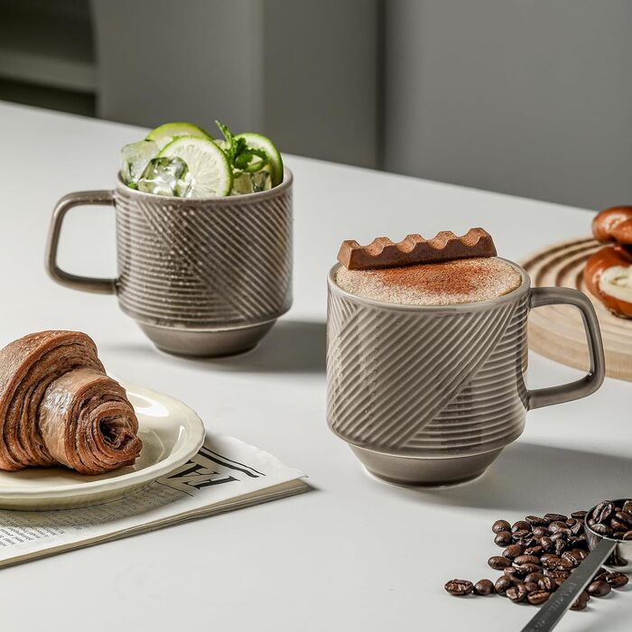 Набір керамічних кавових чашок з підставкою (4 шт., 370 мл, сірий)