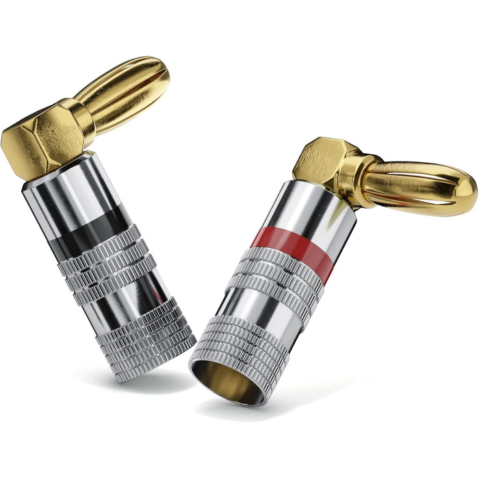 Бананові конектори Sonero® для акустичних кабелів до 6 мм², 4 шт. з кольоровим кодуванням (12x червоний, 12x чорний), 24K позолота (набір 4 шт., кут 90°, Single)