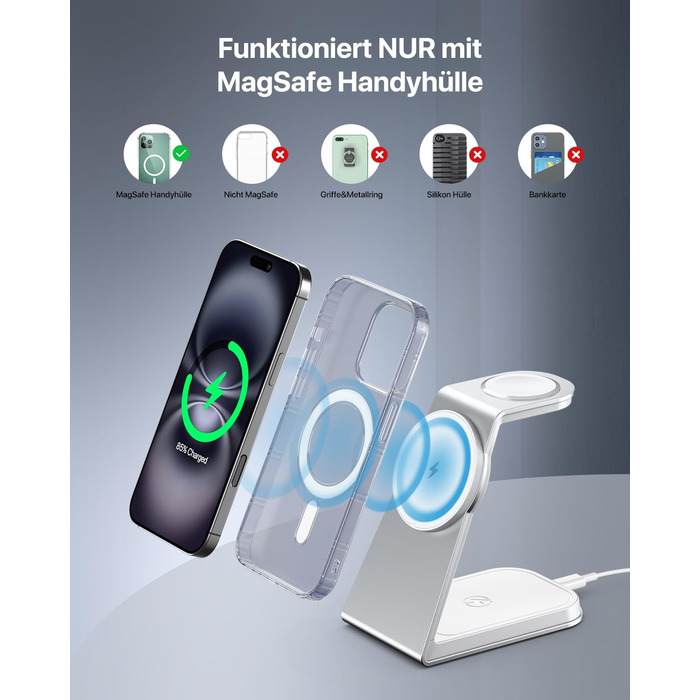 Зарядний стан MagSafe 3 в 1: для Apple Watch, iPhone та AirPods Pro 3/2. Бездротова зарядка для iPhone 16/15/14/13/12 (срібло)