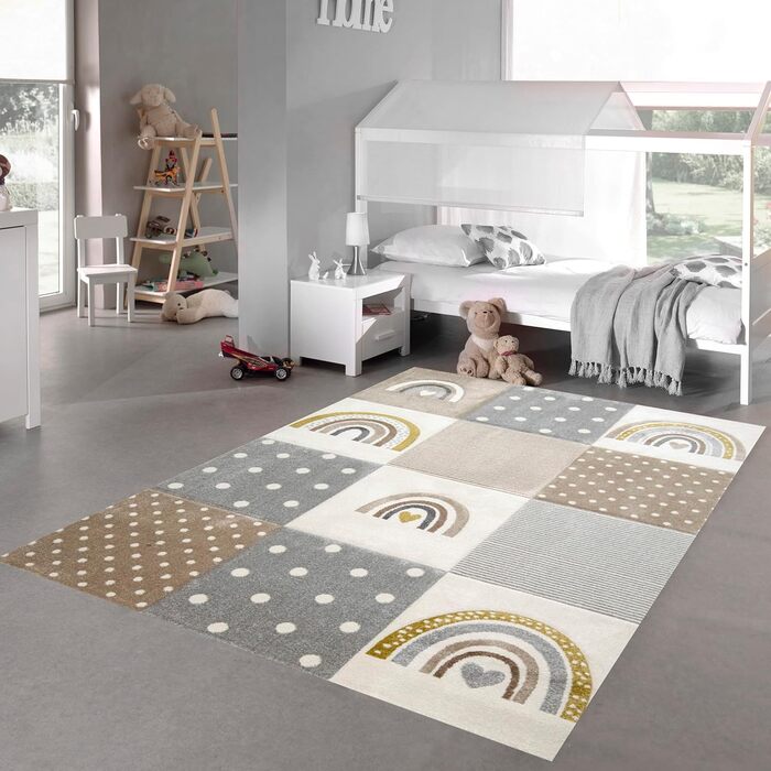 Dreamy Rug Children's Room Rug Play Rug Rainbow Dots Hearts Beige Gray Cream Size 200 x 290 cm 200 x 290 cm Beige Gray Cream