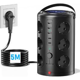 Багаторозкладна мережева панель з 5 USB, 12 розеток, захистом від перенапруги, 5 м, чорна