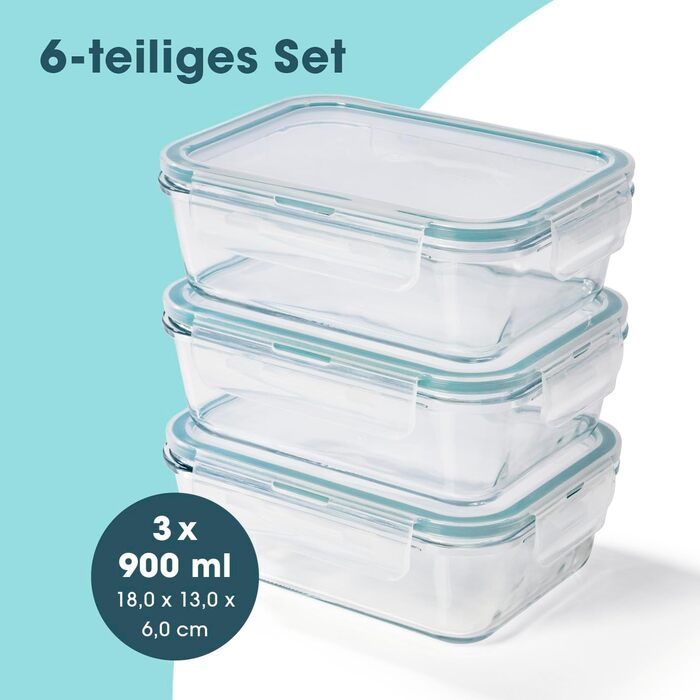 Набір контейнерів для зберігання їжі GOURMETmaxx Klick-it 6 шт. (0,9л) - сині, для Meal Prep, мікрохвильовки, морозилки, з силіконовою ущільнювальною кільцем