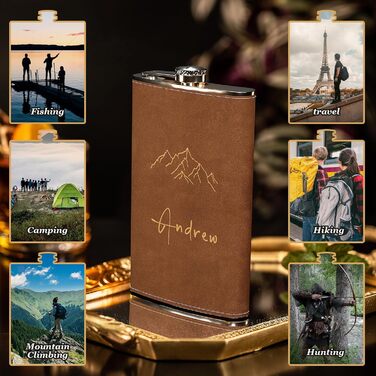 Набір фляг з гравіюванням гір, фляга з нержавіючої сталі 8oz/237ml, персоналізований подарунок на день народження, персоналізовані подарунки для чоловіків, кемперів, мандрівників (сірий) (Braun-design 5, 355ml/12oz)