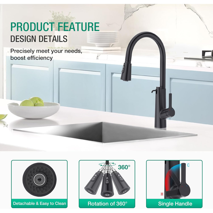 Кран кухонний CREA Wasserfall висувний з дозатором мила, нержавіюча сталь, 360° оберт, 4 режими, матовий чорний