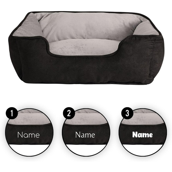 Ліжко для собак Lionto 2-в-1 з комфортним входом, м'яке домашнє ліжко для тварин, яке можна перевертати, 80x60 см, подушка для собак з легкою у догляді імітацією замші, сірий колір (Д 60 x Ш 50 x В 22 см (з нанесенням імені), Чорний/Сірий)