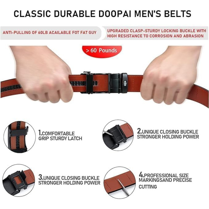 Чоловічий шкіряний ремінь DOOPAI з автоматичною пряжкою, 35 мм, регульований розмір, без отворів, чорний, 125 см (36''-42'')