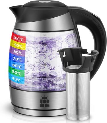 Електричний чайник FOR ME Glas з ситом, 1.8L, регулювання температури 40-100°C, 7 кольорів LED, підтримання тепла, без BPA