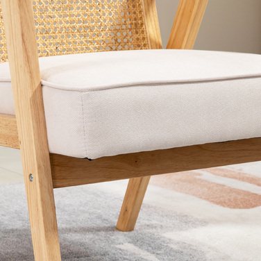 HOMCOM Armchair Living Room Relaxer with Armrests, Seat Cushion, Lounger with Rattan Backrest, Reading Chair with Linen Look, Wooden Frame, Upholstered Armchair for Bedroom in Cream | Aosom
