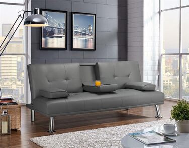 Yaheetech 3-Seater Convertible Sofa Bed with Cup Holders and Reclining Backrest