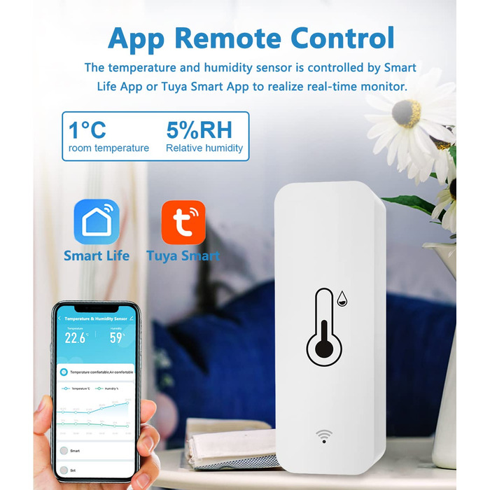 WLAN Smart Thermometer Hygrometer, Digital Mini Indoor Temperature and Humidity Sensor, Room Temperature Humidity Sensor App Remote Control for Greenhouse Basement, Compatible with Alexa/Google Home. 4Pack