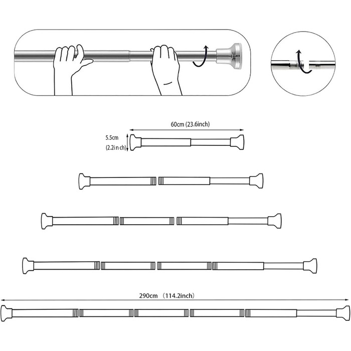 Труба для шторки у ванну/душ, телескопічна, без свердління, 60-290 см (срібляста)