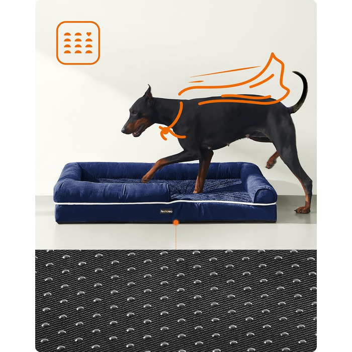 Feandrea Orthopedic Dog Bed, Dog Cushion, Dog Basket, Soft Padding, Dog Sofa, Raised Edges, Removable and Washable Cover, 91 x 71 x 20 cm, Non-Slip Bottom, PGW076G01 (L 120 x W 85 x H 20 cm, Anthracite Blue)