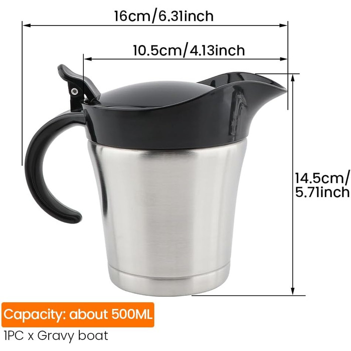 Double-walled stainless steel gravy boat with hinged lid, 500 ml sauce dish for serving sauces or cream (Size: 500 ml)