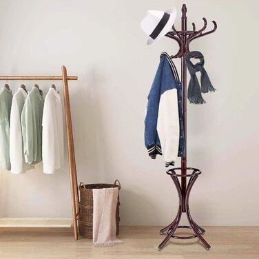 GIANTEX Coat Rack with Umbrella Stand, Clothes Rack Wood with 12 Clothes Hooks, Wooden Coat Tree Freestanding, Standing Coat Rack for Entryway Living Room (White) (Brown)