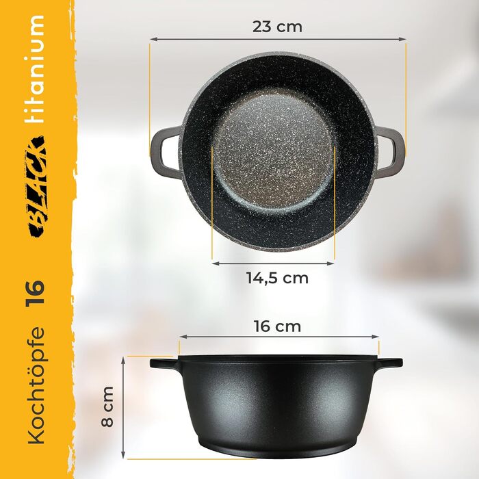 Каструля Briebe Black Titanium з титановим покриттям, 16 см, індукція, склокришка, для плити та духовки